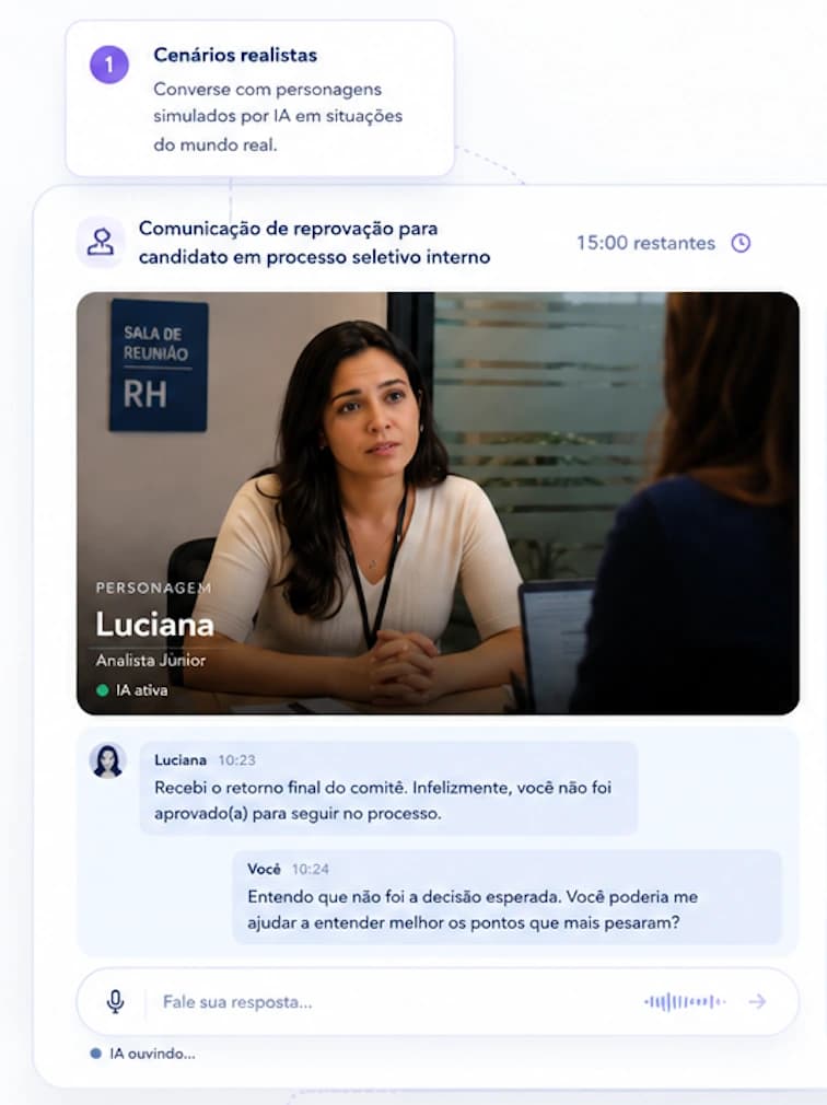 Estudante de Psicologia em treino clínico com interface de simulação ao redor.