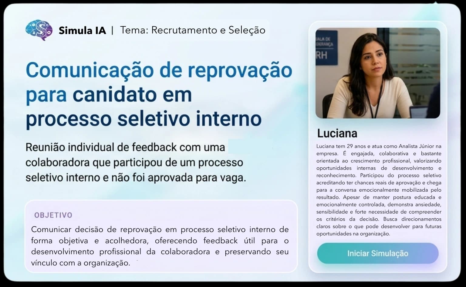 Colagem editorial com três situações de treino: entrevista clínica, conflito no trabalho e escuta em situação sensível.